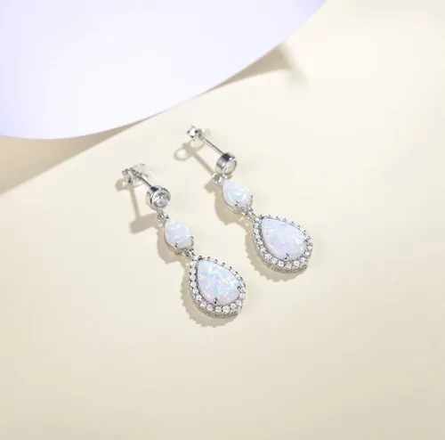 Vista 4 de FANCIME Aretes de plata de ley con ópalo blanco, piedra natal de octubre, ópalo de fuego, halo de gota de agua, forma de lágrima, aretes de ópalo