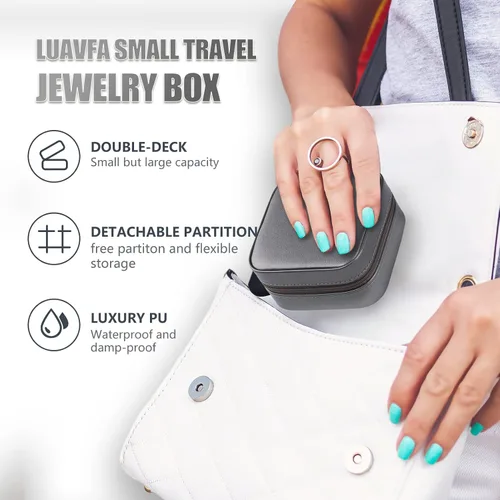 Vista 5 de LUAVFA Caja de joyería de viaje, estuche de almacenamiento con piel sintética, pequeño organizador de joyas para anillos, aretes, collar (negro)