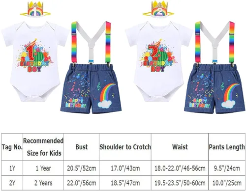 Vista 7 de IMEKIS Toddler Baby Boys Melon Birthday Outfit Romper T-shirt + Jeans Shorts + Suspenders Rainbow Cake Smash Photo Shoot 1-5T