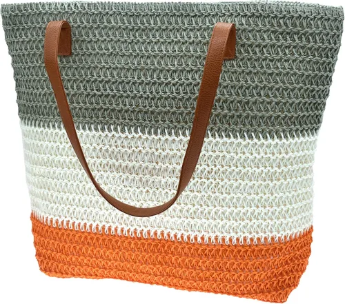 Vista 36 de Bolso grande de paja para mujer, tejido de ratán, bolso de playa de verano, a rayas
