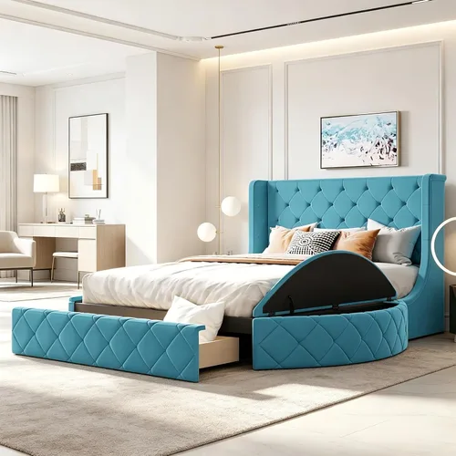 Vista 14 de SOFTSEA - Base de cama de tamaño queen de terciopelo con plataforma, base de cama tapizada con botones y cabecera de alas, 1 cajón grande y 2 Beige