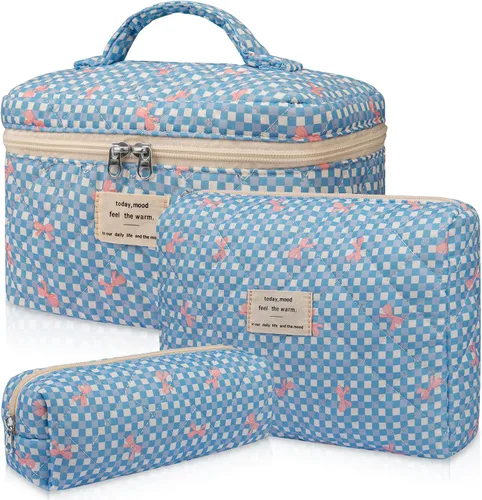 Vista 10 de Gosect Bolsa de maquillaje grande, bonita bolsa de cosméticos para mujeres y niñas, bolsa de aseo estética de coqueta floral, bolsa organizadora