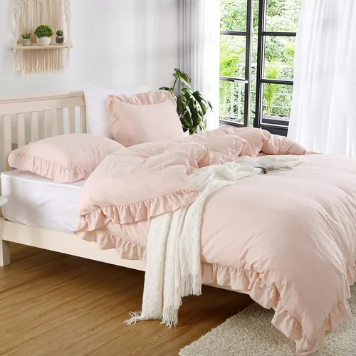 Vista 2 de Juego de funda de edredón rosa con volantes, tamaño Queen, 3 piezas, de microfibra lavada suave, estilo vintage, estilo francés, para cama Queen
