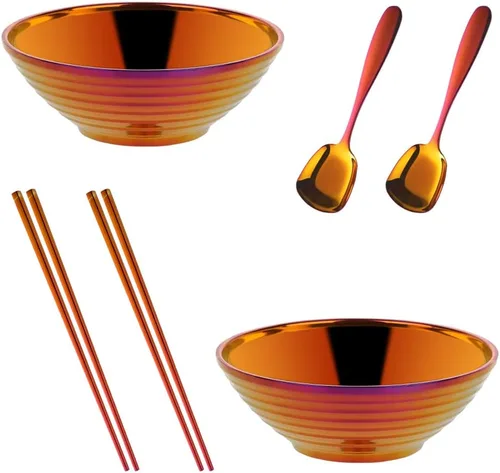 Vista 8 de Juego de tazones de sopa de fideos japoneses para ramen, 2 juegos (8 pulgadas) plateados de doble capa de acero inoxidable 18/8 con palillos