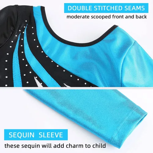 Vista 4 de MEILONGER Leotardos de gimnasia para niñas, de manga larga con pantalones cortos, trajes brillantes de una pieza para niños, colorido traje de baile