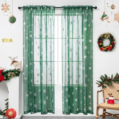 Vista 21 de Cortinas traslúcidas de Navidad para sala de estar, cortinas transparentes con estampado de copos de nieve de lujo, cortinas con bolsillo