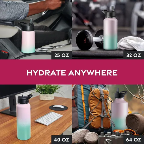 Vista 8 de Botellas de agua de acero inoxidable con triple aislamiento con pajita, botellas de agua aisladas reutilizables de 25 Oz con 3 tapas, botella