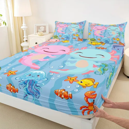 Vista 34 de Lindo Axolotl - Sábana bajera ajustable para niños, tamaño individual, juego de ropa de cama de animales marinos de dibujos animados, decoración