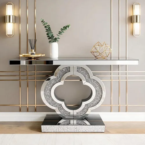 Vista 11 de SSLine Mesa de consola negra con espejo para sala de estar, mesa de entrada moderna de espejo de 43 pulgadas con base de cristal en forma de O