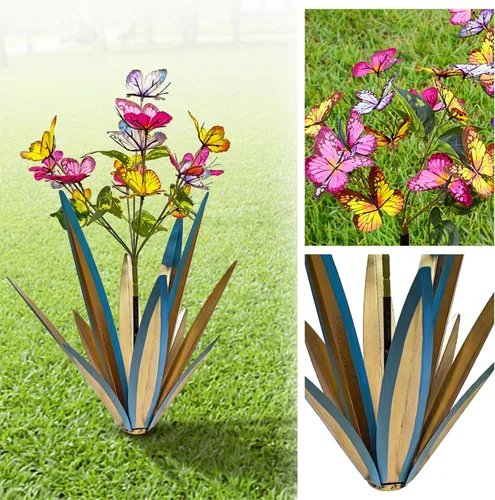 Vista 7 de TOMBABY Jardín al aire libre Mariposas agrandadas de metal espeso resistente al viento Arte de jardín de agave Metal Planta de campo Escultura