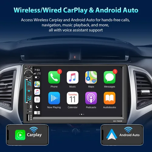 Vista 2 de Estéreo de coche doble DIN con pantalla táctil de 7 pulgadas, compatible con Apple CarPlay/Android Auto Bluetooth FM Radio USB Tipo-C Cámara