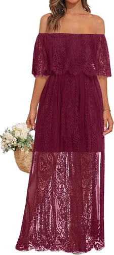 Vista 8 de Holipick Vestido Maxi de Encaje con Hombros Descubiertos para Mujer Estilo Boho Invitada de Boda Dama de Honor Playa Vestido Largo Formal Beige