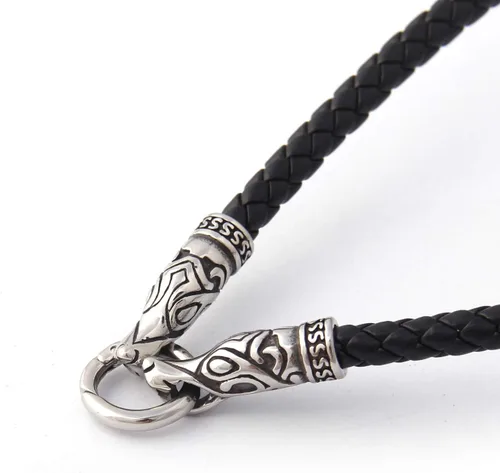 Vista 2 de BAVIPOWER Collar de cuero con cabeza de lobo vikingo para hombres y mujeres con 2 cierres diferentes, solo cadena de acero inoxidable 316L, joyería
