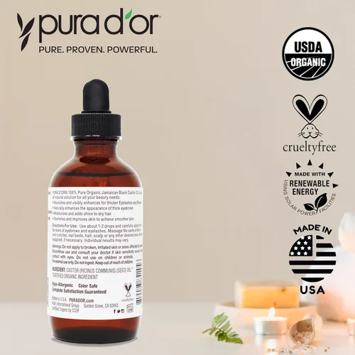 Vista 6 de PURA D'OR 4 Oz Aceite de Ricino Orgánico Jamaicano Negro - Aroma Natural Ahumado - 100% Puro Certificado USDA Prensado en Frío, Libre de Hexano