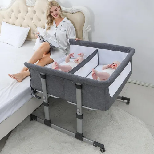 Vista 7 de Ihoming Moisés de noche individual para bebé, color gris, cuna, se fija a la cama, moisés doble para gemelos, bebés, recién nacidos, solución