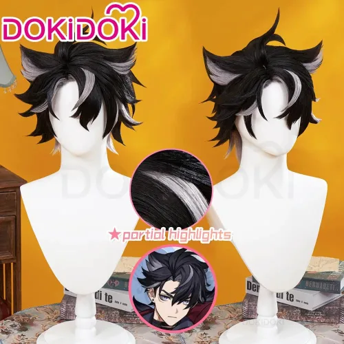 Vista 2 de KIRA KIRA Wriothesley - Peluca de cosplay, pelo corto negro y gris para Genshin Impact Fontaine Cosplay Cosplay para hombres y mujeres