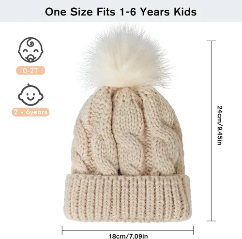 Vista 6 de YSense Wear 2 Pack Toddler Kids Winter Warm Fleece Lined Beanie Hats for Boys and Girls Crochet Hairball Knit Cap 1-6 Years