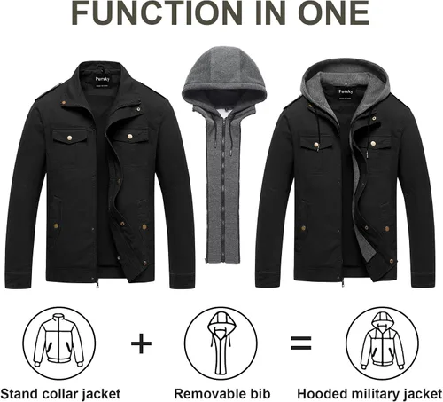 Vista 2 de Pursky Chaqueta Militar de Hombre Chaqueta de Algodón Lavado Casual con Capucha de Lienzo Abrigo de Otoño