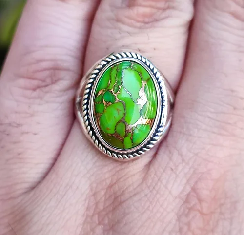 Vista 2 de Navya Craft Green Copper Turquoise Ring, 925 Sterling Silver Statement Promise Ring for Women, Natural Turquoise Oval Gemstone Handmade Boho