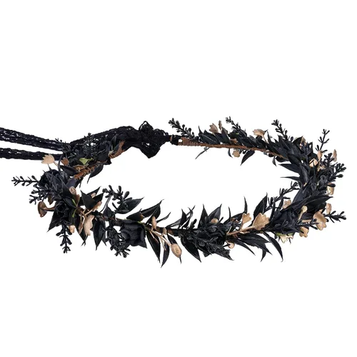 Vista 5 de MOSTORY Tocado de flores negras, corona floral de hada, corona de elfo oscuro, círculo de elfos para el Renacimiento, Halloween, gótico, boda