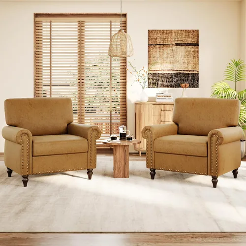 Vista 26 de Silla giratoria decorativa, moderna tapizada con brazo curvado, tela de terciopelo, cómoda silla de lectura con base de madera maciza para sala