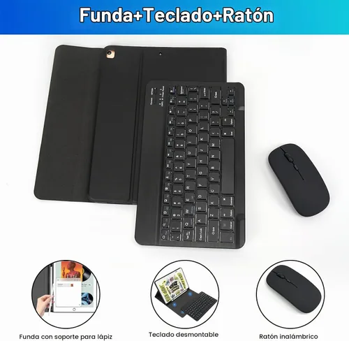 Vista 3 de LAMA Funda de teclado inalámbrico con mouse para iPad de 10.2" de 9ª, 8ª y 7ª generación, teclado Bluetooth desmontable con soporte para lápices