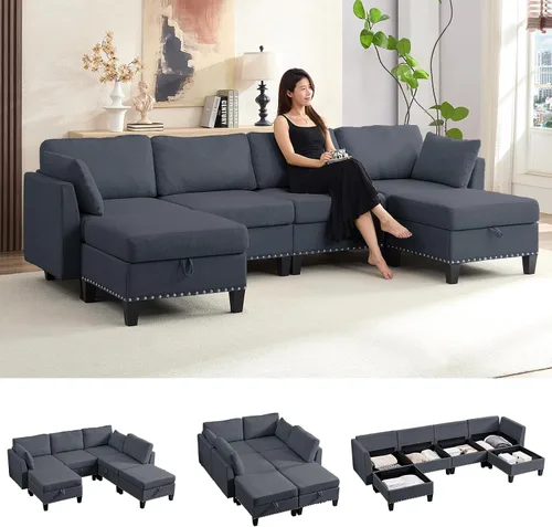 Vista 10 de ijuicy Sofá modular convertible de 110 pulgadas con asientos de almacenamiento y 2 otomanas móviles, sofá modular en forma de U de 6 asientos