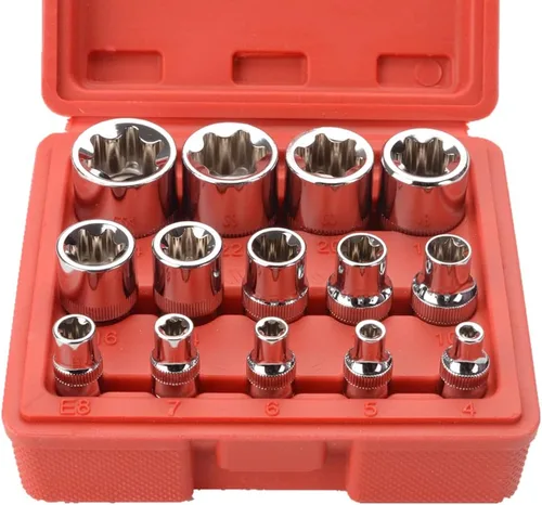 Vista 2 de FLZOSPER E-TORX - Juego de 14 piezas de llaves de vaso de estrella hembra, juego de llaves de torsión E4 - E24, 1/4 pulgadas, 3/8 pulgadas y 1/2