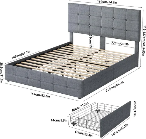 Vista 2 de Base de cama tapizada con 4 cajones de almacenamiento, diseño de cabecera copetuda con botones, fácil montaje, soporte de listones de madera,