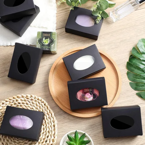 Vista 5 de Spakon Paquete de 60 cajas de jabón Kraft para hacer en casa, grandes, 3.8 x 2.8 x 1.2 pulgadas, cajas de regalo con ventana ovalada para jabones