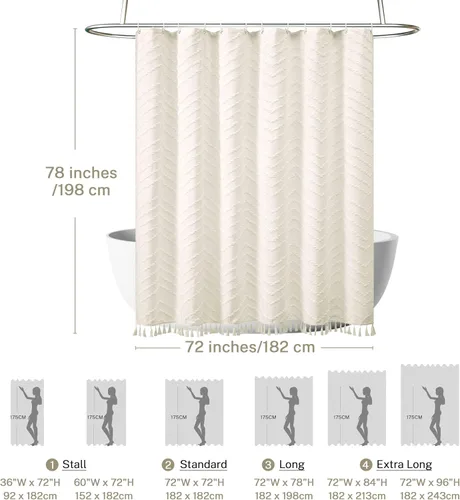Vista 207 de Cortina de ducha Siiluminisoy de 36x72 beige, cortina de ducha de tela de tamaño pequeño, cortinas de ducha de tela con tufting, diseño chevron a