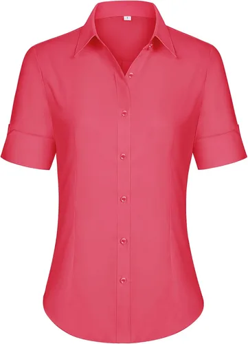 Vista 14 de siliteelon Camisas de vestir de manga corta con botones para mujer, camisas de algodón con botones para mujer, blusa ajustada de manga 3/4