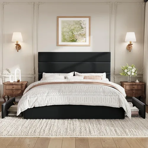 Vista 3 de SHA CERLIN Base de cama de plataforma de tamaño matrimonial con 4 cajones de almacenamiento, cabecera tapizada de terciopelo, base de colchón