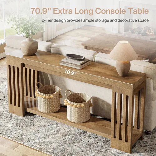 Vista 6 de Tribesigns Mesa consola de granja, mesa de sofá de 70.9 pulgadas detrás del sofá con patas verticales a rayas, muebles de entrada de 2 niveles