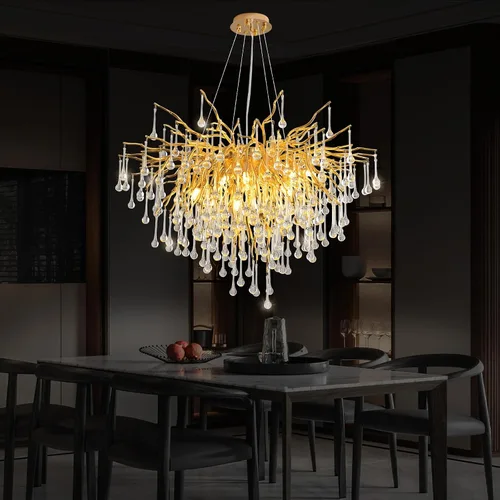 Vista 14 de Candelabro de cristal negro de 23.6 pulgadas, moderno colgante de techo de flores, iluminación colgante de rama de árbol, gota de lluvia, lámpara