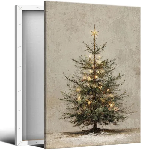 Vista 16 de Arte de pared en lona de árbol de Navidad y pino, póster rústico iluminado de abeto nevado, decoración de pared de vacaciones de invierno antigua