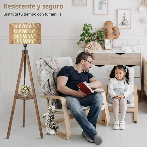 Vista 7 de LAMSU Lámparas de pie estilo bohemio con trípode para sala de estar, lámpara de pie de madera de ratán con pantallas de tela, lámpara de pie