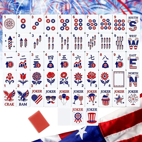 Vista 8 de Arrowbash Juego de azulejos Mahjong americanos, 160 piezas, tema de EE. UU Rojo