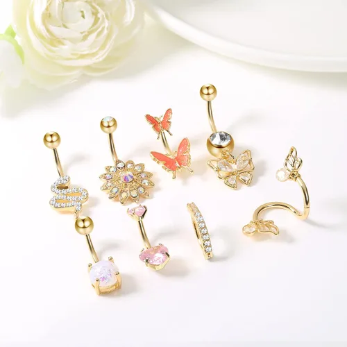 Vista 6 de Dochais 8 anillos para ombligo de acero inoxidable quirúrgico para mujer, aretes colgantes para ombligo de mariposa, circonita cúbica