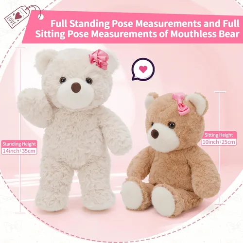 Vista 5 de Muiteiur Paquete de 2 osos de peluche a granel, juego de oso de peluche de 13.8 pulgadas con rosa rosa y lazo, sin boca, animales de peluche suaves