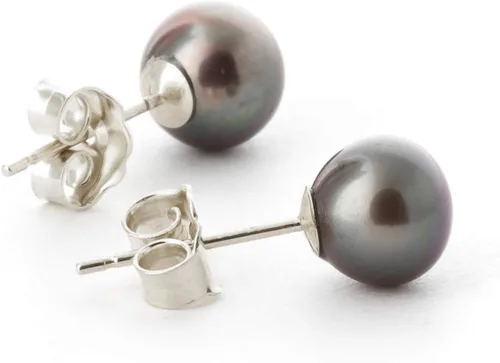 Vista 2 de Galaxy Gold GG Aretes de oro blanco de 14k con perla negra cultivada, Metal Gema, Perla
