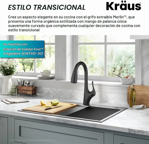 Vista 8 de Kraus Merlin - Grifo de cocina con un solo mango extraíble en transición, color negro mate, KPF-1674MB