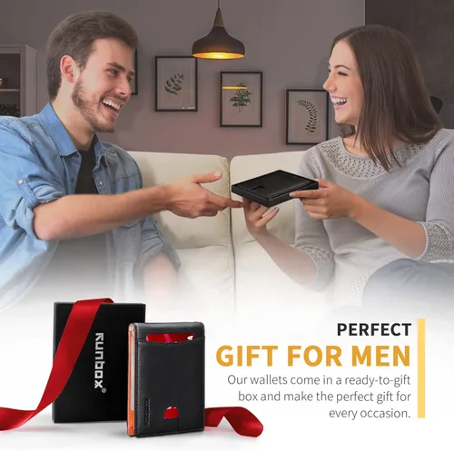Vista 7 de RUNBOX - Cartera minimalista y delgada para hombre con clip de dinero, bloqueo RFID y piel para bolsillo frontal