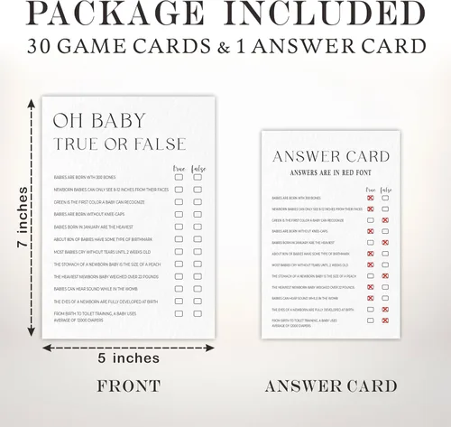 Vista 2 de Oh Baby! Juego verdadero o falso para baby shower, minimalismo blanco perla, 30 tarjetas de juego de relleno en blanco con 1 tarjeta de respuesta
