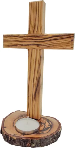 Vista 4 de Mesa de madera de olivo con cruz (8 pulgadas), cruz lisa de madera con base de portavelas