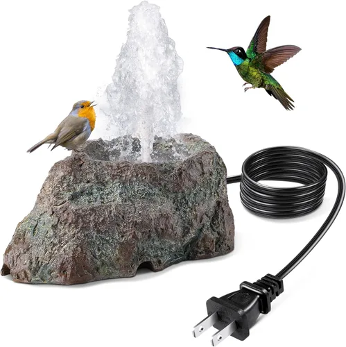 Vista 7 de Fuente de baño para pájaros, fuentes de agua de baño de pájaros con bomba de agua de 7 W, fuente de agua de granito de resina de musgo gris, cascada