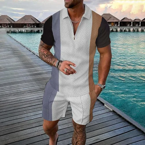 Vista 2 de Conjunto de camisa polo y pantalones cortos para hombre, trajes de verano, elegante, casual, de manga corta, traje de polo para hombre, 2 piezas