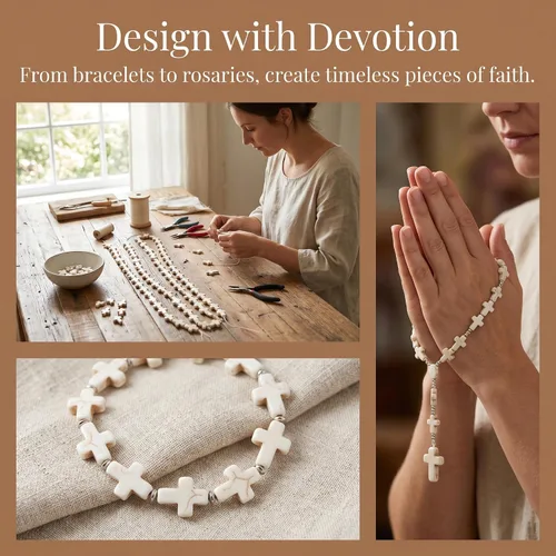 Vista 4 de Jucoan 240 cuentas espaciadoras de cruz blanca y turquesa gruesa, cuentas pequeñas con dije de cruz religiosa para pulseras, collares, rosario
