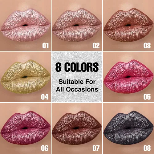 Vista 4 de evpct Combo de delineador de labios metálico rosa brillante y lápiz labial, lápiz labial con punta de cono para mujer, de larga duración