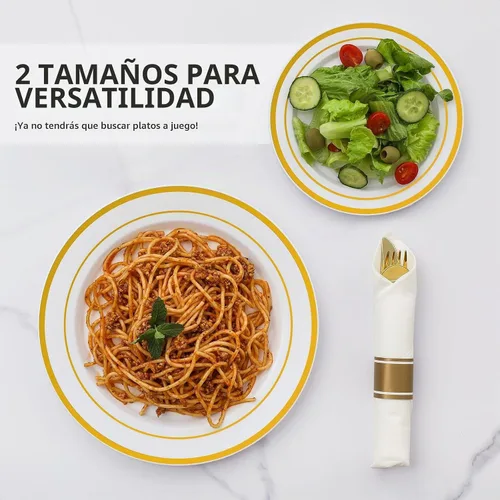 Vista 4 de AOZITA Juego de 200 piezas de platos de plástico dorados, platos desechables resistentes para fiesta y boda, incluye 100 platos de cena y 100 platos